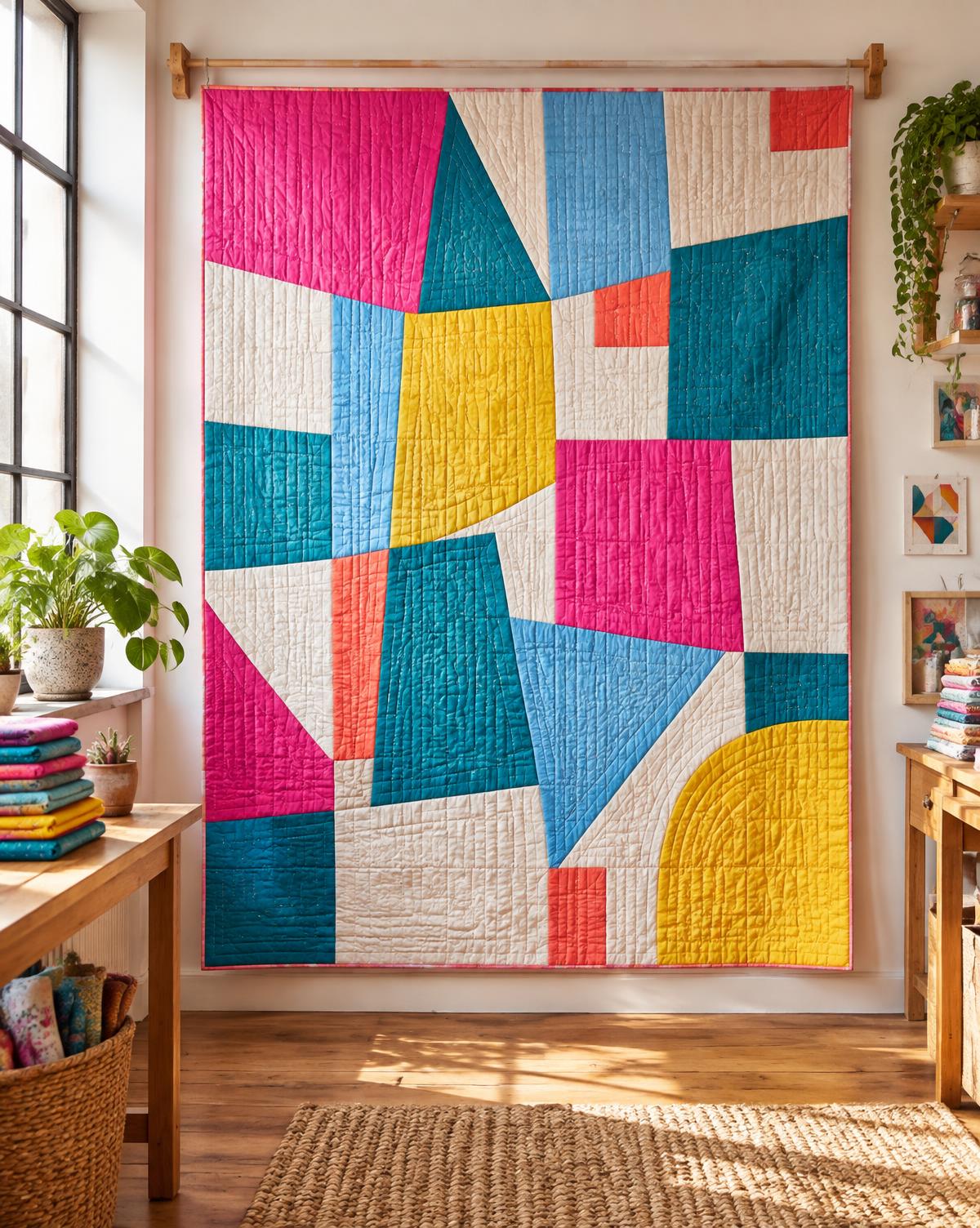 A colorful modern geometric quilt hanging in a sunlit studio