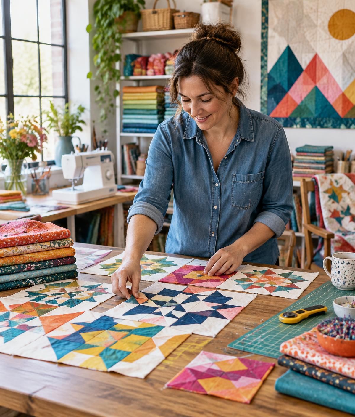 Quilter arranging colorful blocks in a bright studio