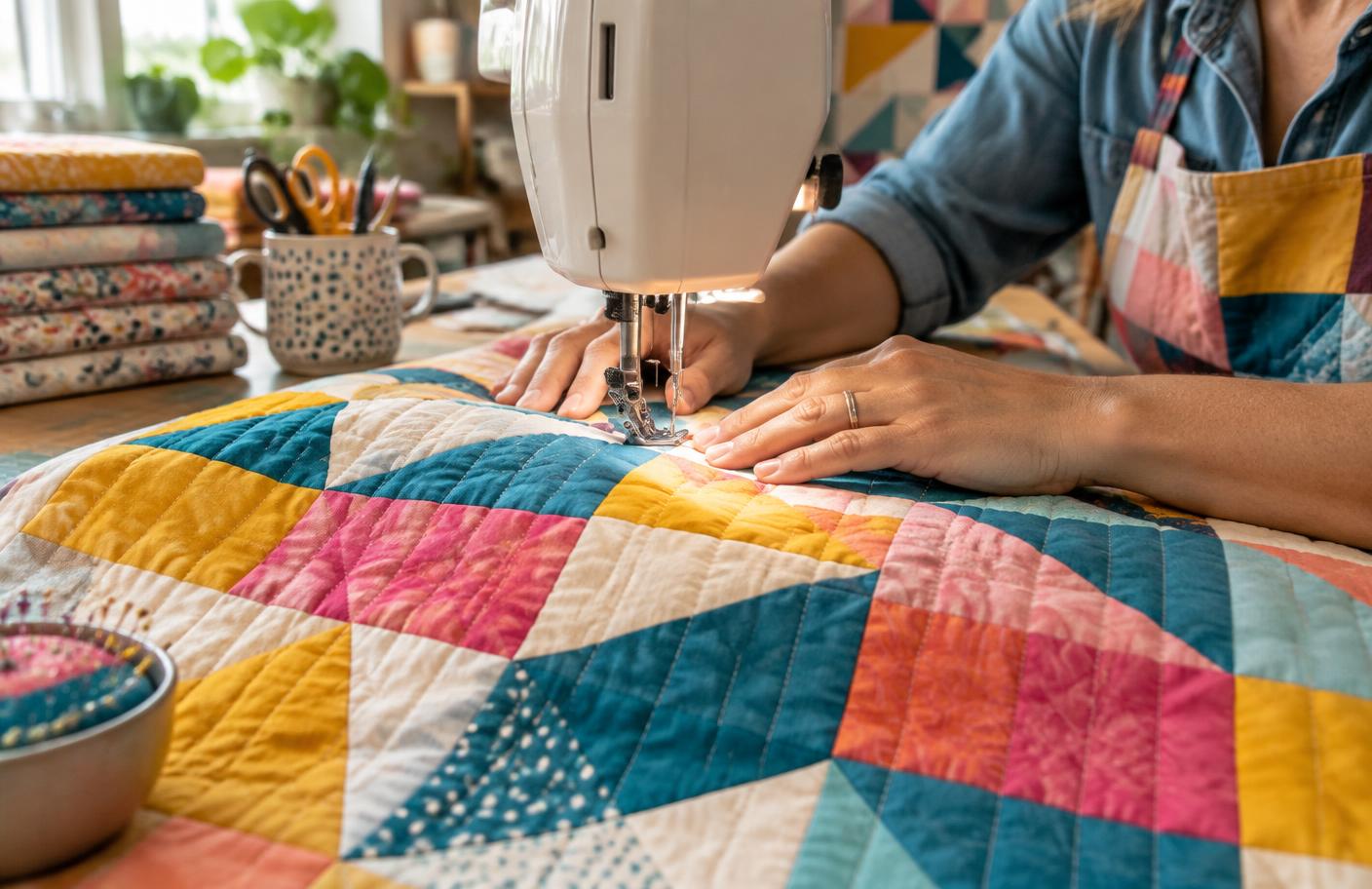 Hands carefully stitching a colorful quilt
